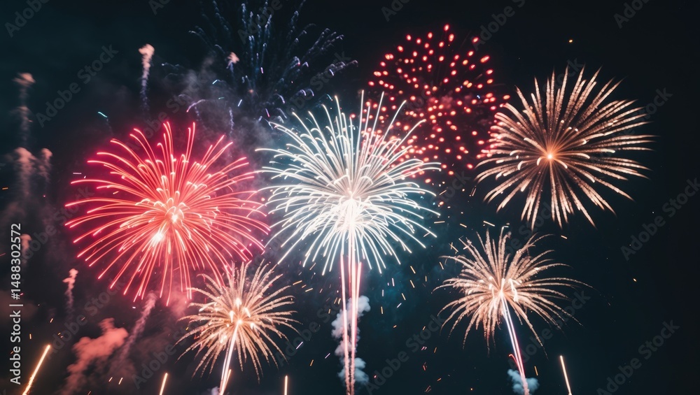 Fototapeta premium Bright fireworks burst in the night sky, creating a beautiful and colorful celebration scene for holidays, anniversaries, and festivals.