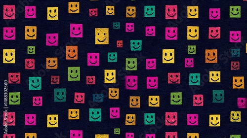 Smiling faces in vibrant square pixelated pattern
