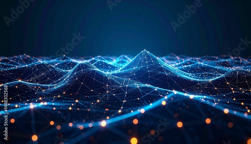 Abstract glowing dots and lines creating a digital landscape on a dark backdrop, embodying the concept of data flow. 