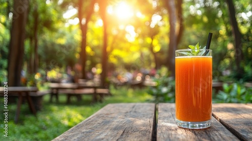 Fototapeta Naklejka Na Ścianę i Meble -  Orange juice in a glass, park setting