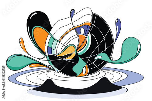 Abstract geometric composition with bold colors and fluid lines with transparency