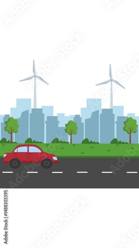 Animation of a green city concept, uses renewable energy, wind turbines, and solar energy. a car driving on a city street