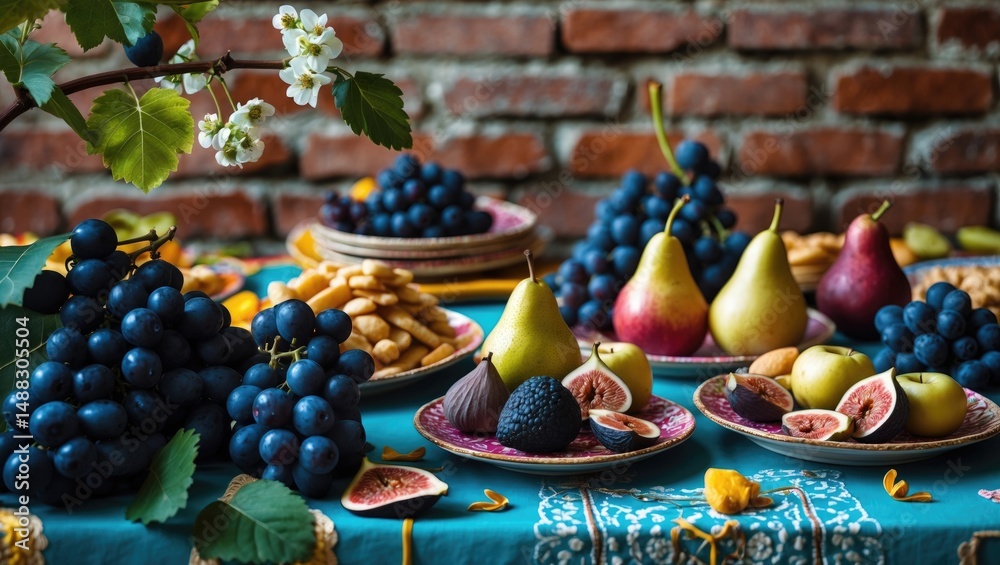 Food spread on a decorated table including grapes, pears, and dried fruits.