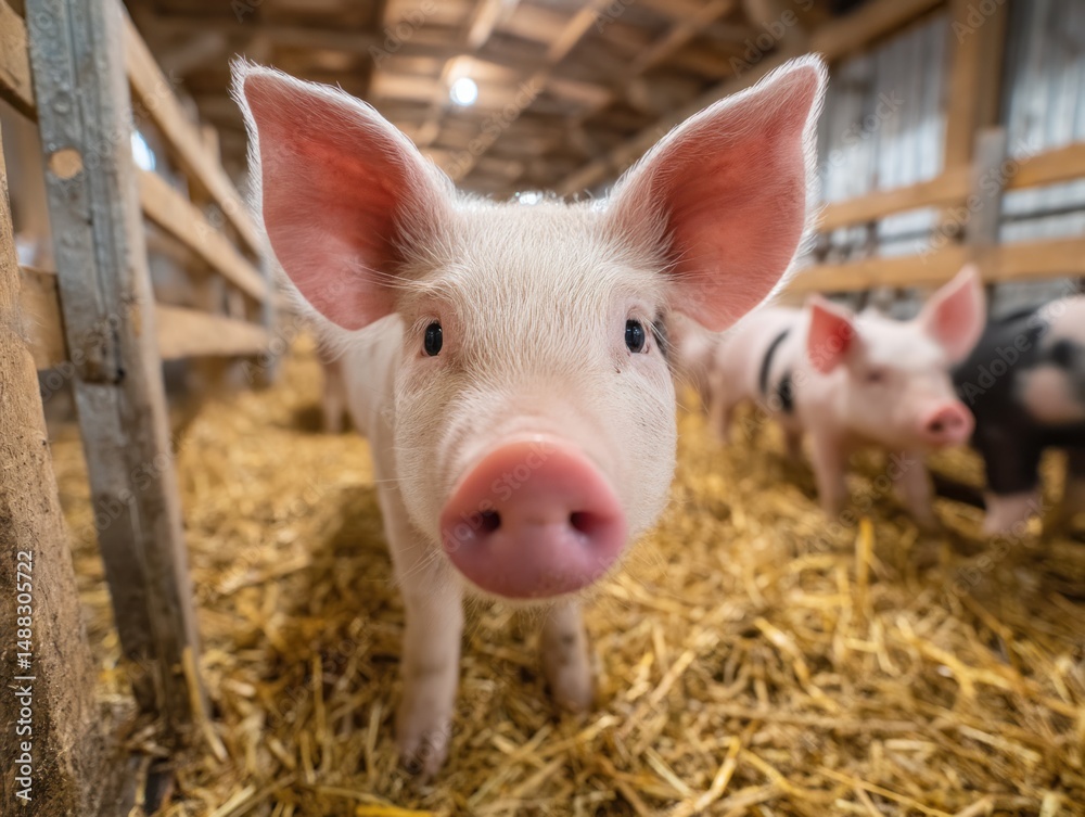 Piglet in straw filled pen with other pigs in the background. Piglet in straw filled pen with other pigs in the background.