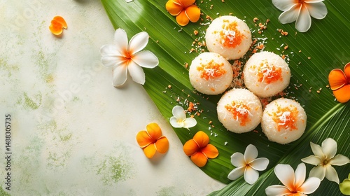 organic Thai coconut dessert on banana leaf, traditional daylight, khanom tom and khanom chan with shredded coconut, top-down close-up, cultural dessert and natural ingredients photo
