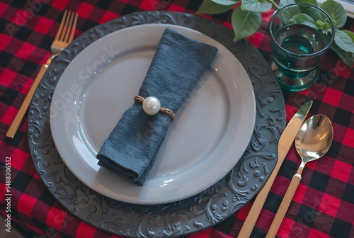 Elegant Table Setting with Blue Napkin and Pearl Ring on Red Plaid Cloth