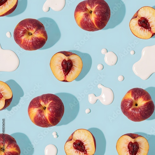 Sliced and Whole Peaches with Yogurt Splashes on Blue Background