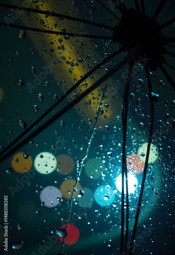Raindrops on an Umbrella with Bokeh Lights