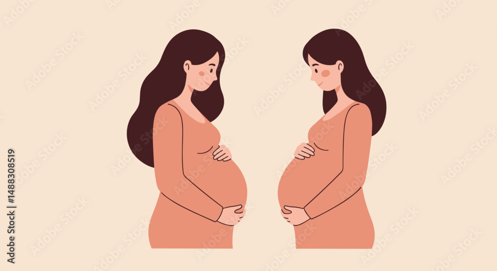 Two pregnant women gently touching their bellies in soft illustration Two pregnant women gently touching their bellies in soft illustration