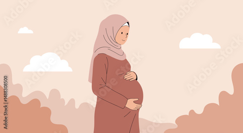 Pregnant woman in traditional clothing holding her belly outdoors  