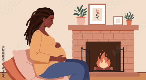 Pregnant woman sitting comfortably by the fireplace in cozy living room  