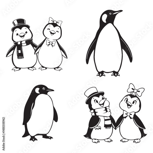 Cartoon cute funny penguin characters. Adorable birds couple, boy wear top hat and scarf and girl with bow on head. Isolated vector friendly personages bring laughter and joy with their playful antics