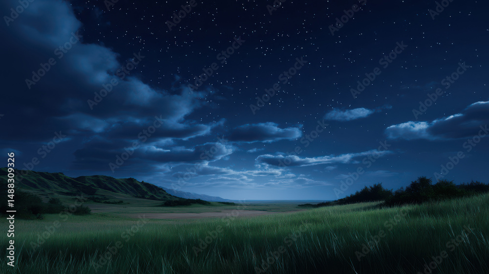 Naklejka premium A tranquil night landscape reveals a field of green grass under a celestial blanket of stars, partially obscured by soft, rolling clouds illuminated by moonlight.