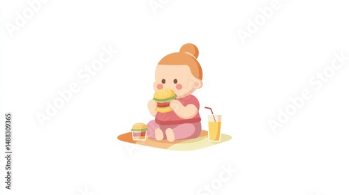 Cartoon Illustration of a Child Eating a Burger