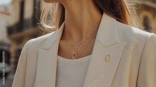 Elegant Woman in Beige Blazer Wearing Delicate Gold Necklaces