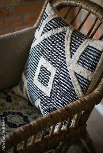 Black and White Geometric Patterned Pillow on Wicker Chair