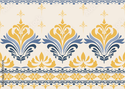 Elegant Traditional Ornamental Damask Border Pattern with Blue and Yellow Floral Motifs for Textiles, Ceremony, Backgrounds, Packaging, and Decorative Vector Design 