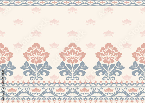 Elegant Traditional Ornamental Damask Border Pattern with Blue and Pink Floral Motifs for Textiles, Ceremony, Backgrounds, Packaging, and Decorative Vector Design 