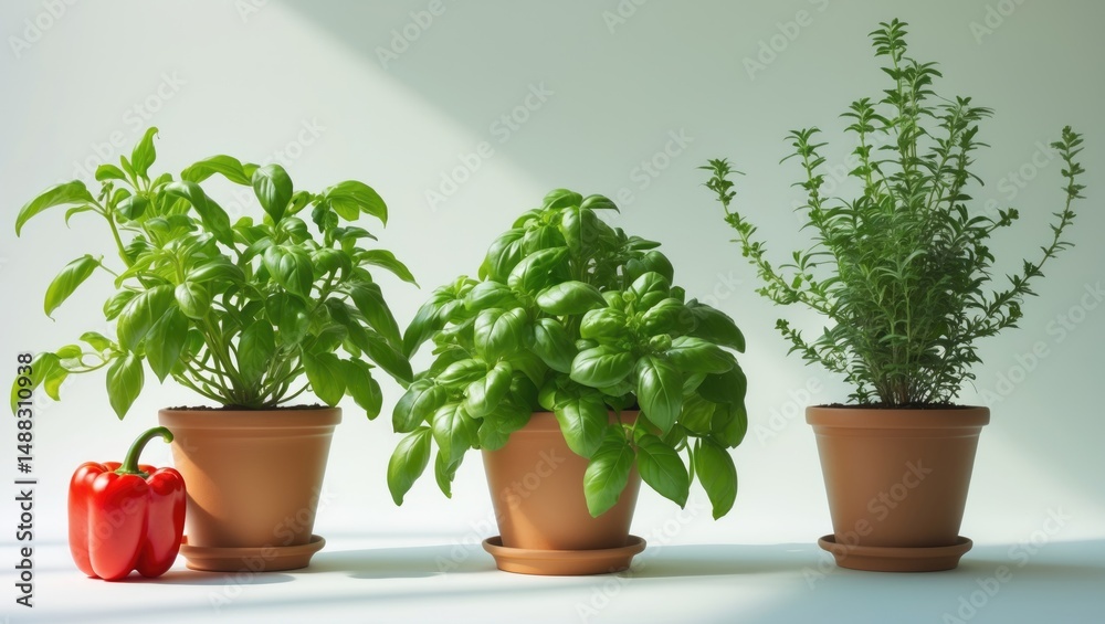 Obraz premium Vibrant green plants, herb garden, potted produce, bright peppers, basil leaves, thyme twigs, inspiration for home gardening.