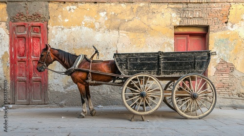 A horse-drawn carriage with a horse standing in front of a weathered, yellow and red building with a red door.