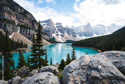 Turquoise Lake Surrounded by Rocky Mountains and Pine Trees