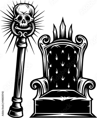 SVG of a skull seated on a throne, dark and powerful vector style. Gothic Throne with Skull Scepter in Detailed Black and White Design