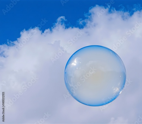 A single soap bubble floating against a backdrop of clouds and blue sky