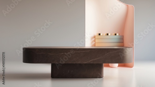 Brown stone display podium, Cosmetic showcase stand in the background.