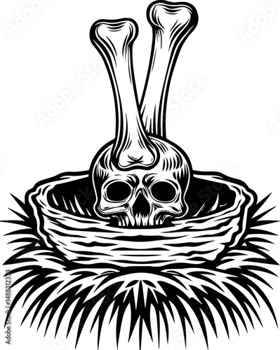 SVG of a skull seated on a throne, dark and powerful vector style. Skull and Bones Nest Design for Artwork and Tattoo Inspiration