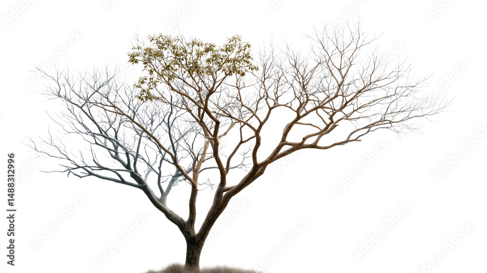 Fototapeta premium Resilient Tree of Life: A solitary tree stands as a symbol of life's duality. Its branches display both the barren stillness of winter and the vibrant renewal of spring.