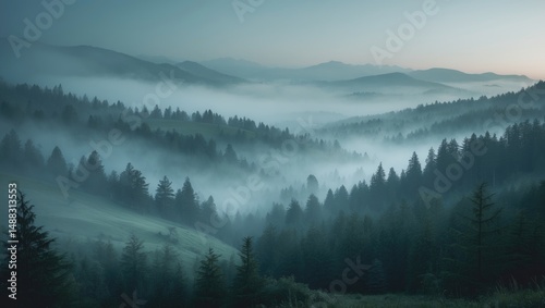 Pine forest in the mountains shrouded in mist during the morning