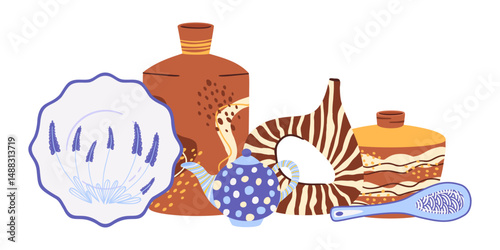 Clay ceramic crockery. Decorative ceramic tableware, kitchen pottery, plates, dishes and vases flat vector illustration. Cartoon tableware collection