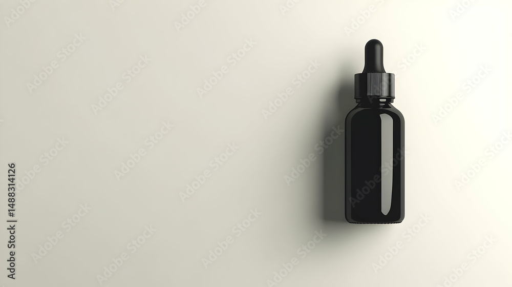 Elegant black dropper bottle showcasing minimalist design on neutral surface Elegant black dropper bottle showcasing minimalist design on neutral surface