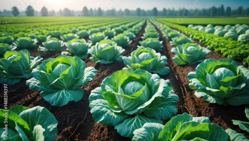 Close-up of cabbage rows in a spring field. Young green cabbage in the field.