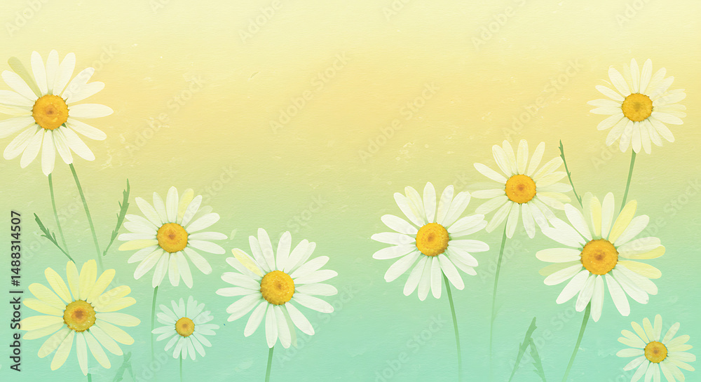 Obraz premium Daisy Flowers Field Digital Illustration Gentle Watercolor Texture Gradient Spring Summer