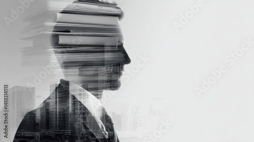Silhouette of a man in a suit with a cityscape overlay in monochrome.