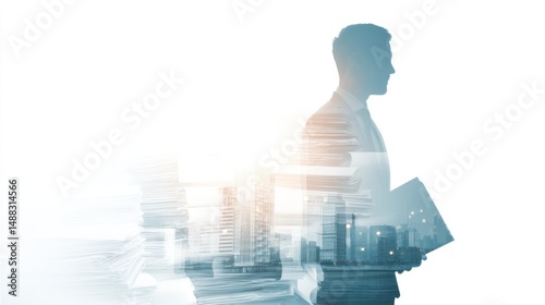 Silhouette of a person holding documents with a cityscape overlay against white.
