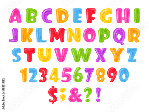 Jelly font. Chewy gummy abc letters and numbers, sweet jelly alphabet flat vector illustration set. Cartoon marmalade alphabet