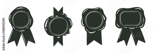 Monochrome wax stamps. Vintage wax seal silhouettes, postal wax seals with ribbons flat vector illustration set. Cartoon wax seal collection on white