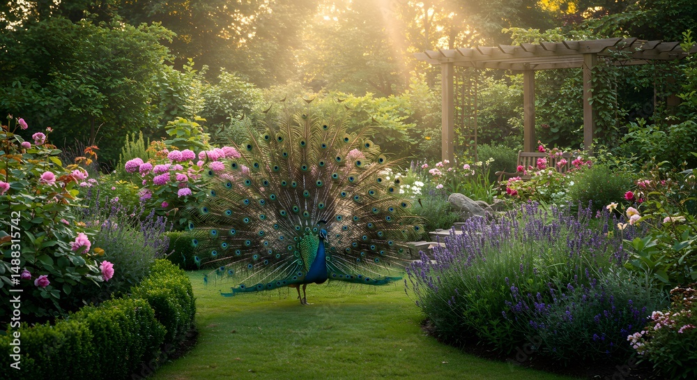 Fototapeta premium Beautiful garden with peacock and flowers perfect for nature lovers and garden enthusiasts alike on transparent background