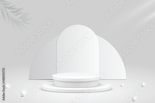 3D white cylindrical podium pedestal background with Clean wall scene. Minimal mockup or abstract product display presentation, Stage showcase. Platforms vector geometric design
