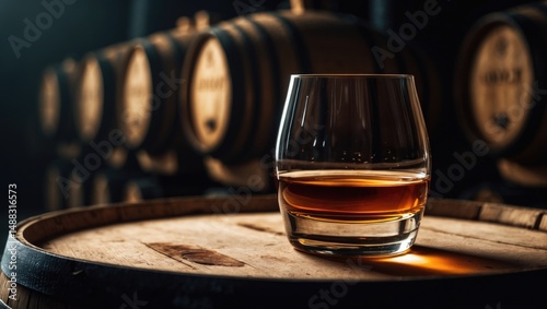 Photo featuring a whiskey glass atop an aging barrel, combining vintage look with a modern spirit.
