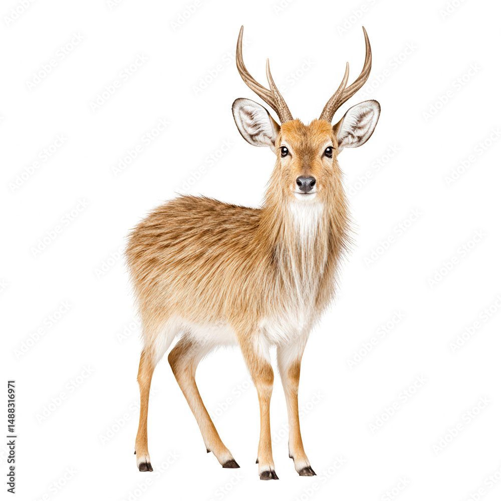 Fototapeta premium A male lechwe stands majestically isolated against a bright white backdrop.