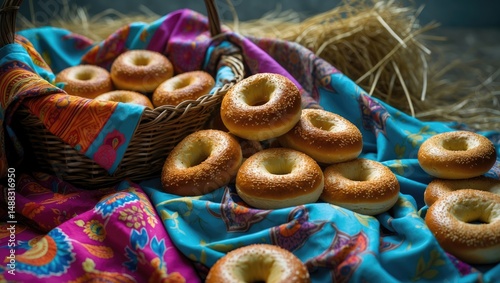 Vibrant textiles and a basket of bagels showcased at a festival honoring the onset of spring.