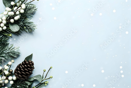 Delicate winter foliage composition on a soft blue background with snowfall photo
