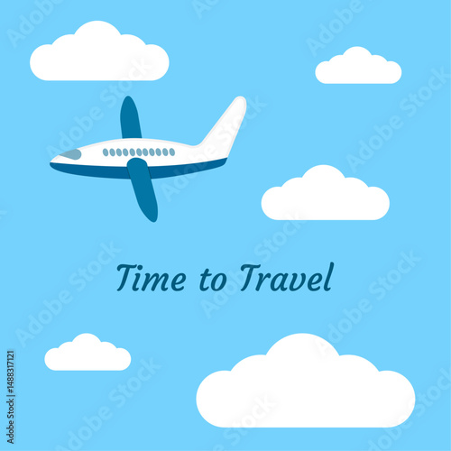 Flying airplane and clouds in the sky. Text time to travel on blue background. Vector illustration. Square banner for discount and sale. Transport.