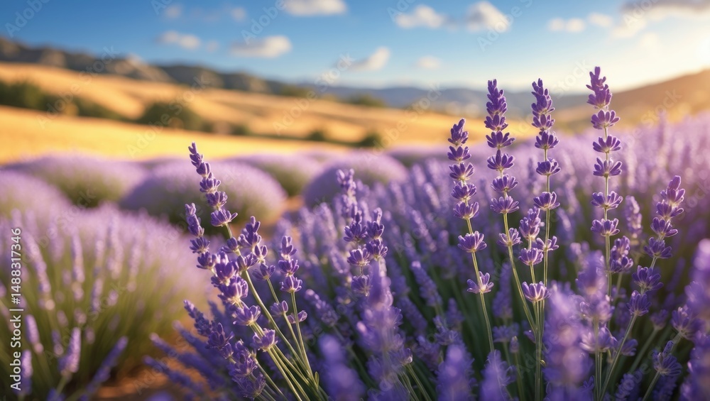 Obraz premium Breathtaking dawn landscape featuring a lavender field in Provence, France, emphasizing the foreground.