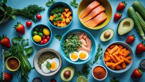 Wallpaper Mural Collection of healthy foods for individuals with asthma, high in protein, omega 3, antioxidants, vitamins, and minerals. Foods that assist with wheezing, shortness of breath, and lung diseases. Flat Torontodigital.ca