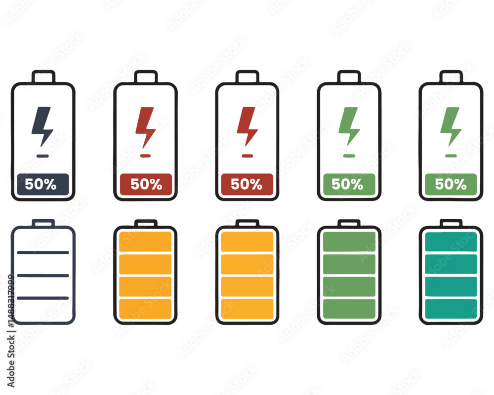 Battery icon set. Battery Full charge indicator or low charge sign,Battery Charging indicator in thin line and flat icon collection. Vector illustration Battery icon set. Battery Full charge indicator or low charge sign,Battery Charging indicator in thin line and flat icon collection. Vector illustration