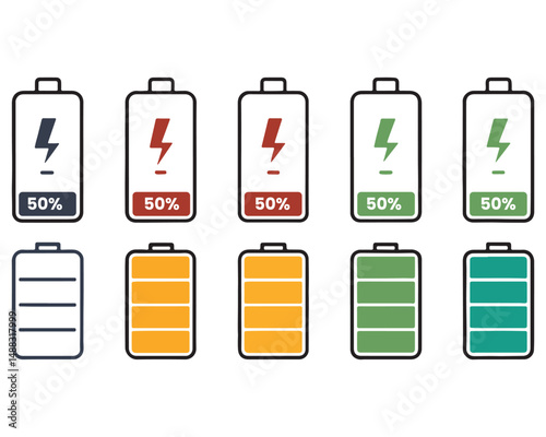 Battery icon set. Battery Full charge indicator or low charge sign,Battery Charging indicator in thin line and flat icon collection. Vector illustration
